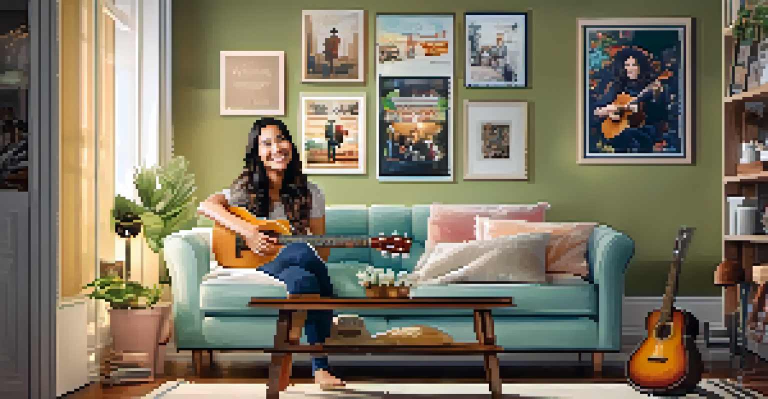 A happy ukulele influencer sitting on a sofa with a ukulele in hand, surrounded by musical decor.
