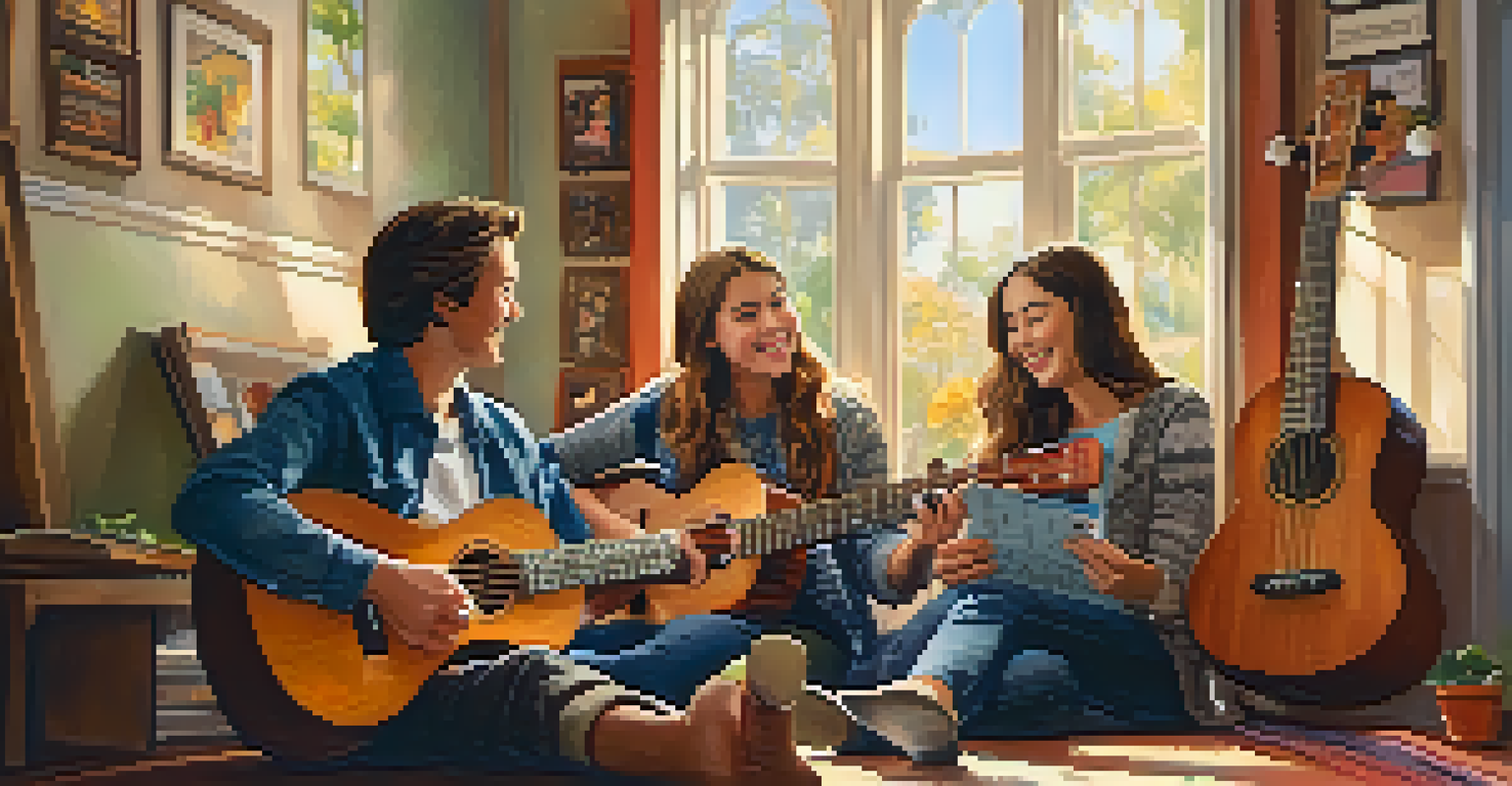 Friends gathered indoors, playing ukuleles and singing together in a cozy setting.