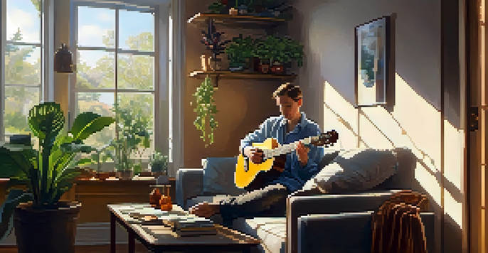 A person playing a ukulele on a sofa in a sunlit room filled with plants and books.