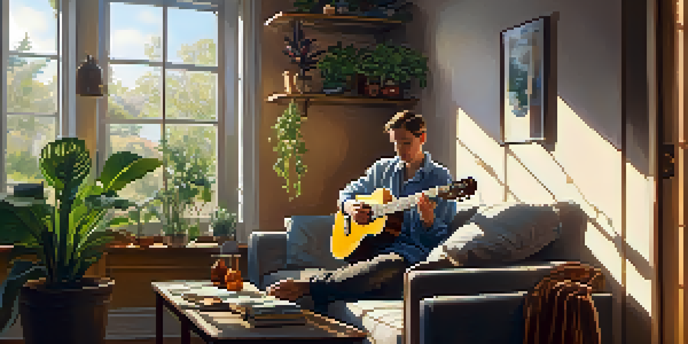 A person playing a ukulele on a sofa in a sunlit room filled with plants and books.