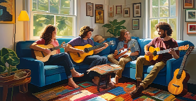 A group of friends playing ukuleles in a cozy living room filled with sunlight and musical decor.