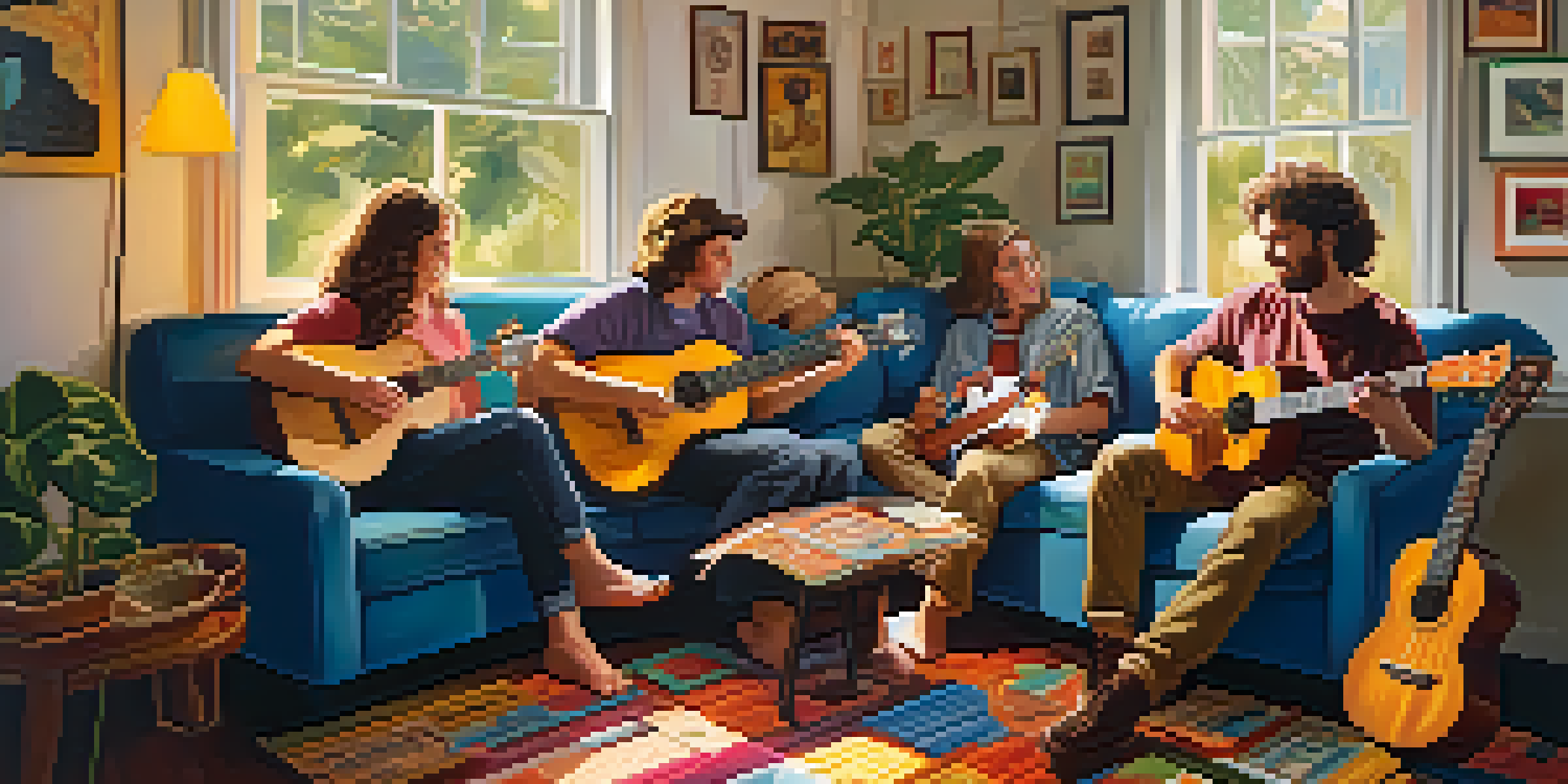 A group of friends playing ukuleles in a cozy living room filled with sunlight and musical decor.