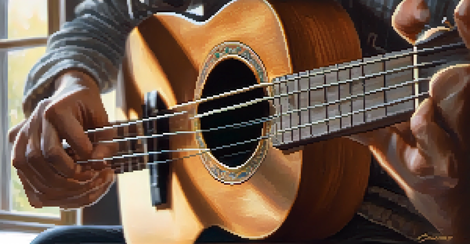A close-up view of a person's hand fingerpicking a ukulele, highlighting the strings and the instrument's wooden texture, with warm sunlight in the background.