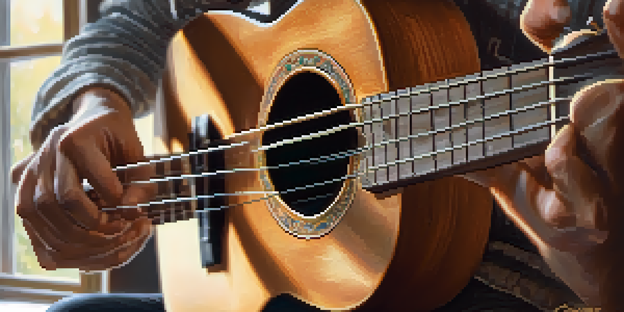 A close-up view of a person's hand fingerpicking a ukulele, highlighting the strings and the instrument's wooden texture, with warm sunlight in the background.