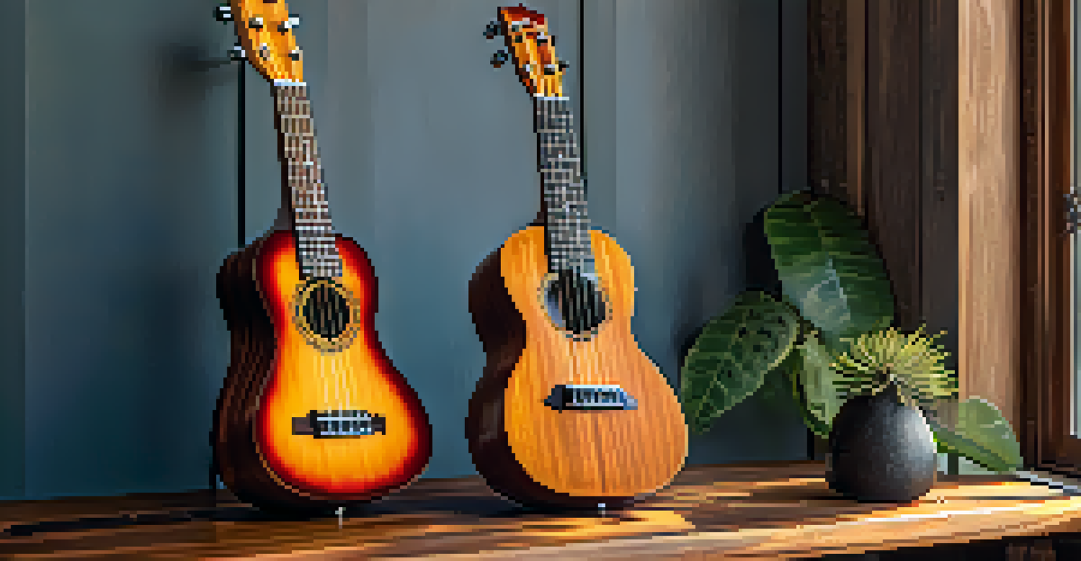 Side by side comparison of a traditional koa ukulele and a modern laminated ukulele on a rustic wooden table.