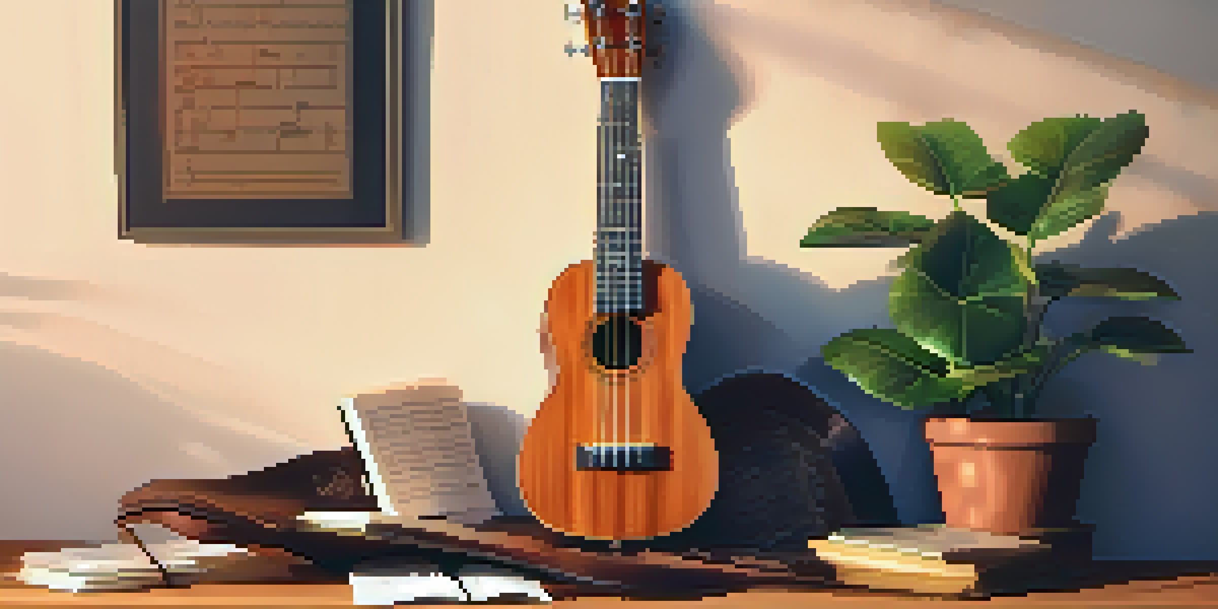 A wooden ukulele on a music stand in a cozy practice space with warm lighting and a potted plant.