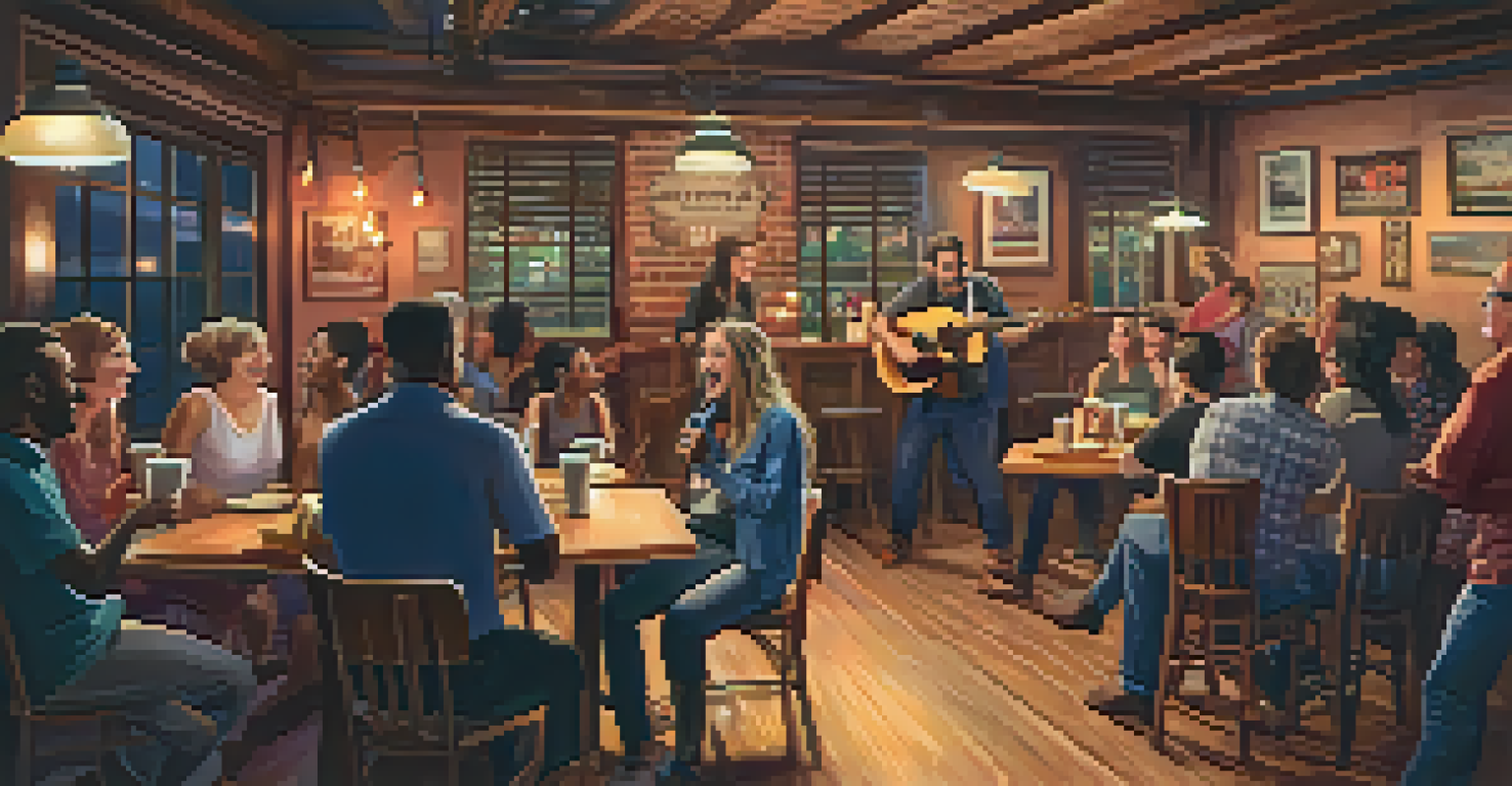 A performer with a ukulele on stage at a café during an open mic night.