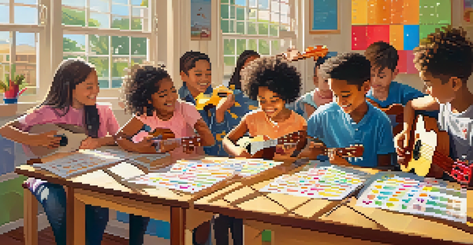 A cheerful classroom scene where children are playing ukuleles surrounded by colorful chord charts and visual aids, with sunlight coming through the windows.