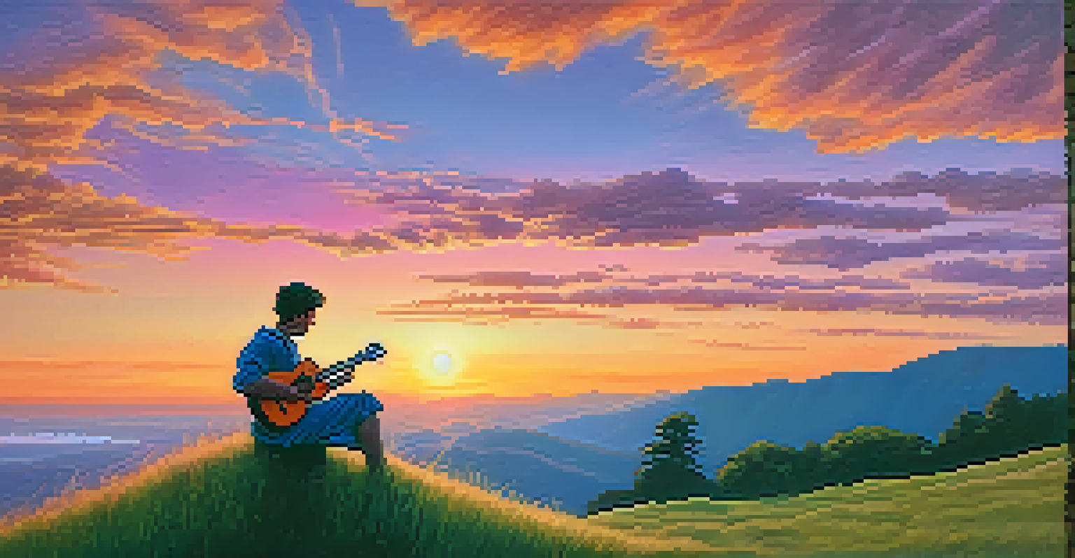 A person sitting on a grassy hill with a ukulele, gazing at a colorful sunset, reflecting on inspiration.