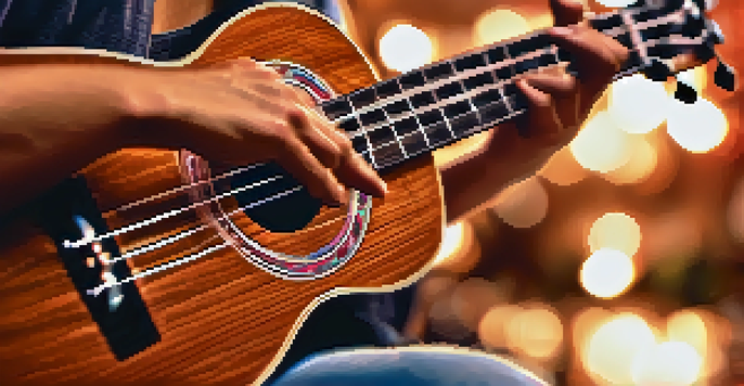 A close-up of a musician's hands strumming a ukulele with colorful stage lights in the background.