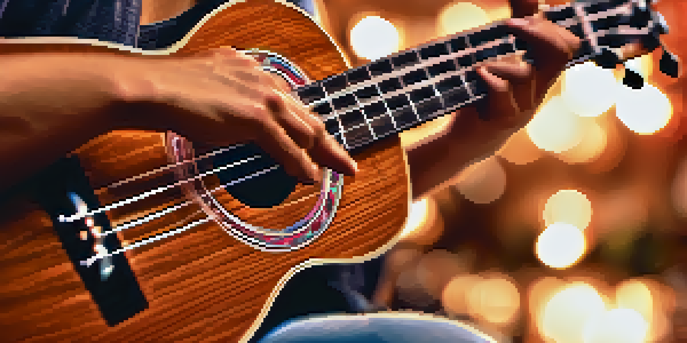 A close-up of a musician's hands strumming a ukulele with colorful stage lights in the background.