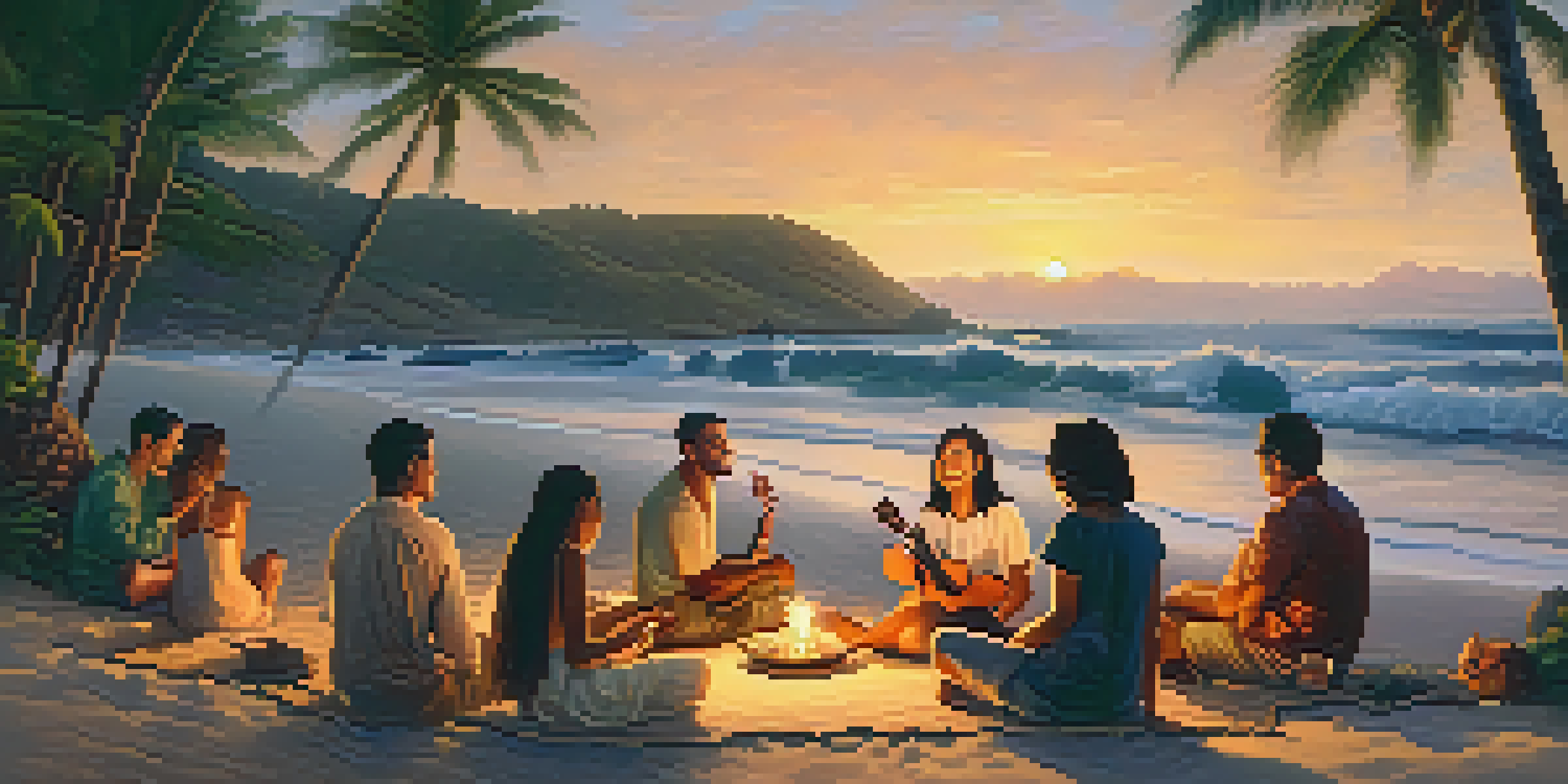 A diverse group of people on a Hawaiian beach at sunset, listening to a storyteller playing the ukulele, with warm colors and soft waves in the background.