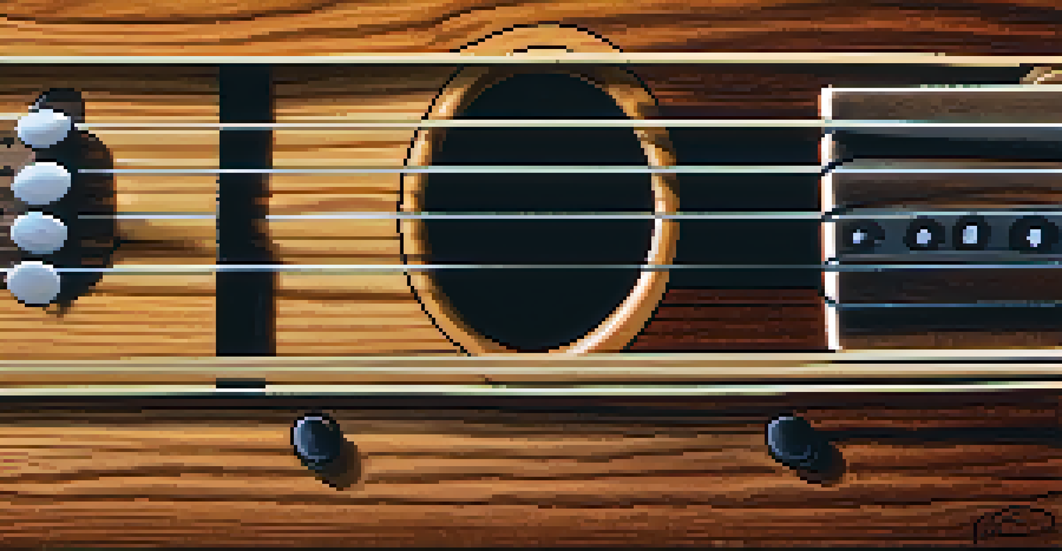 Close-up of a ukulele fretboard with fingers on the blues scale notes, showcasing wood grain and strings.