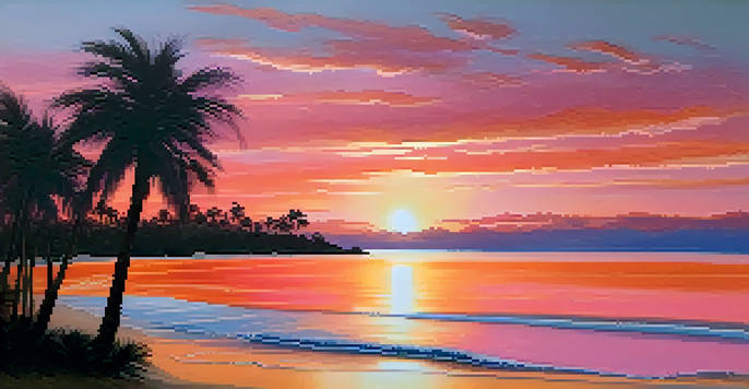 A peaceful beach scene at sunset with orange and pink hues in the sky, silhouetted palm trees, and gentle waves.