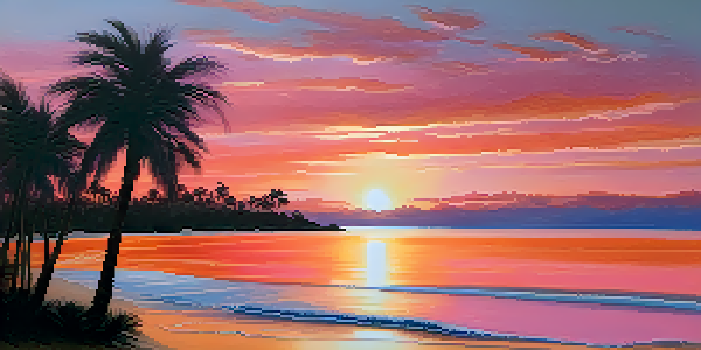 A peaceful beach scene at sunset with orange and pink hues in the sky, silhouetted palm trees, and gentle waves.