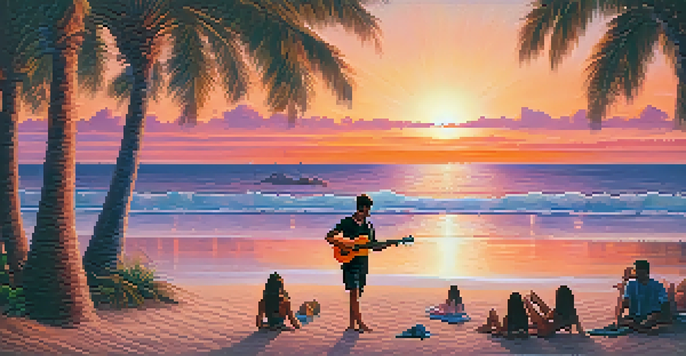 A musician playing a ukulele on the beach during sunset, with palm trees and beachgoers in the background.