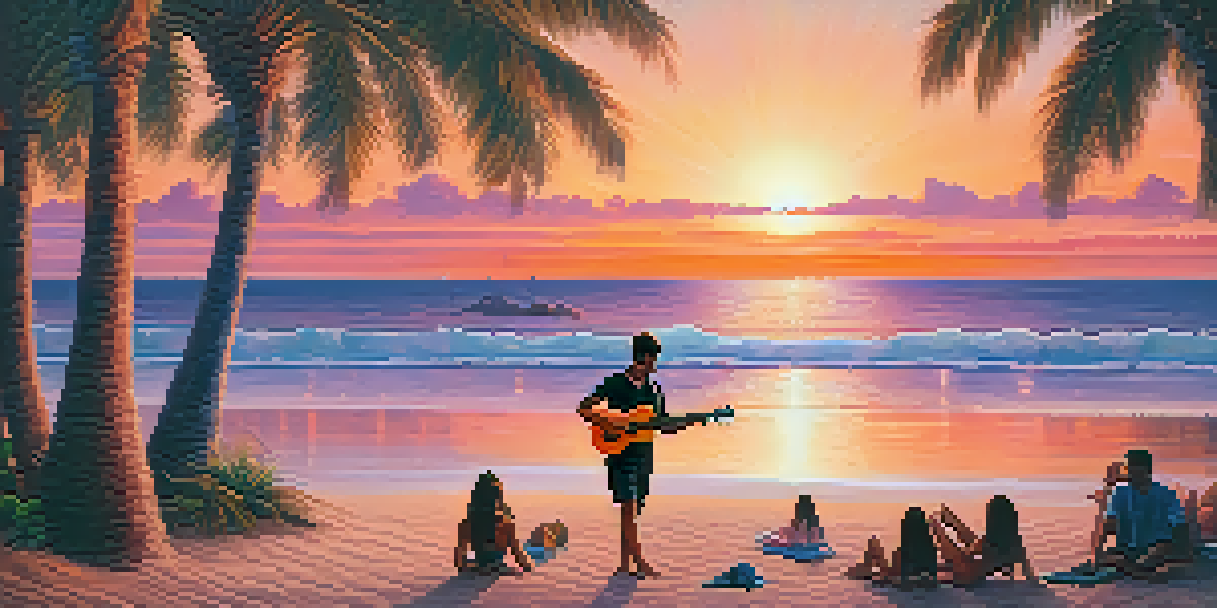 A musician playing a ukulele on the beach during sunset, with palm trees and beachgoers in the background.