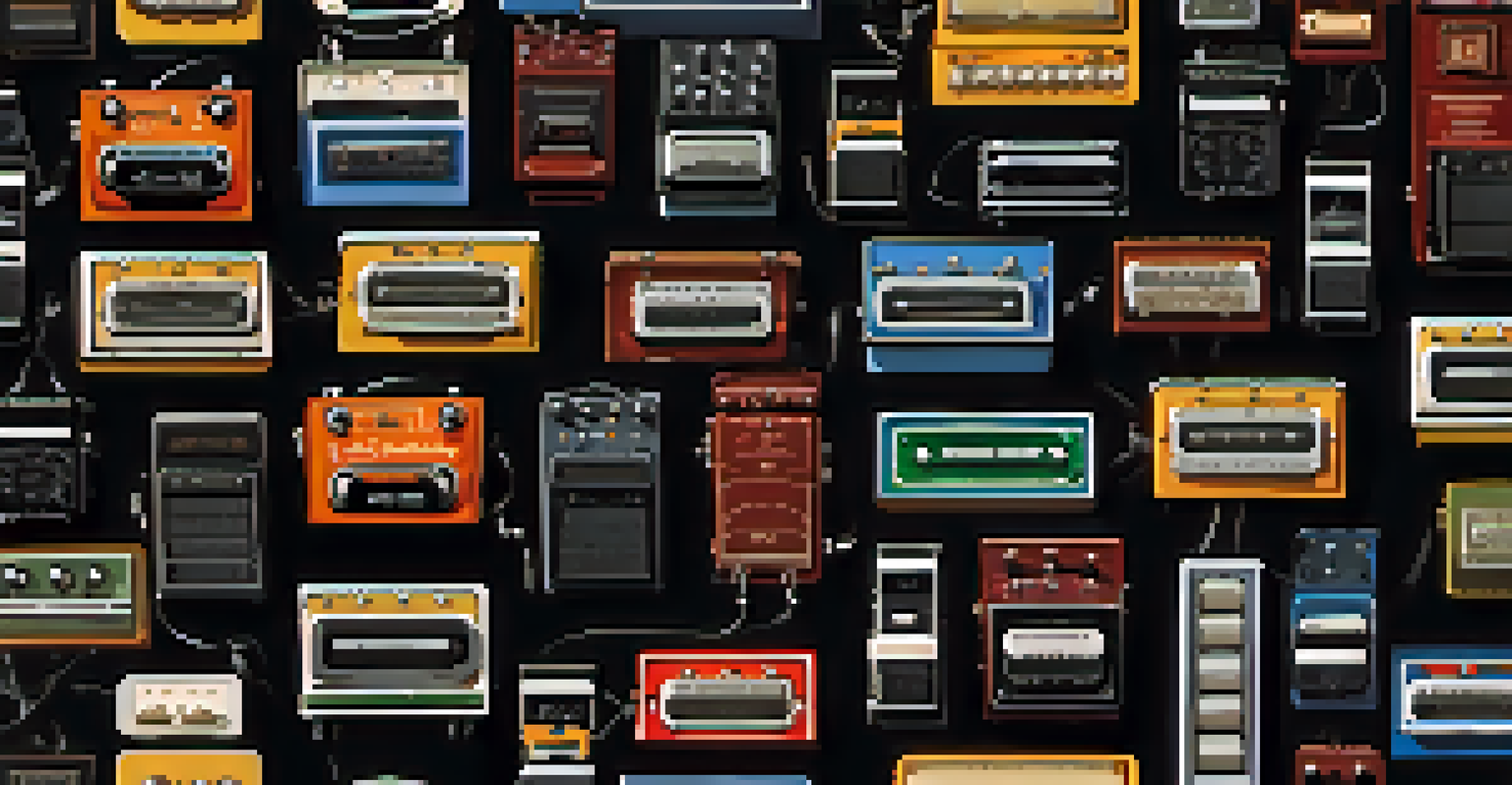 A creative arrangement of different effects pedals on a dark background, highlighting their designs and colors.