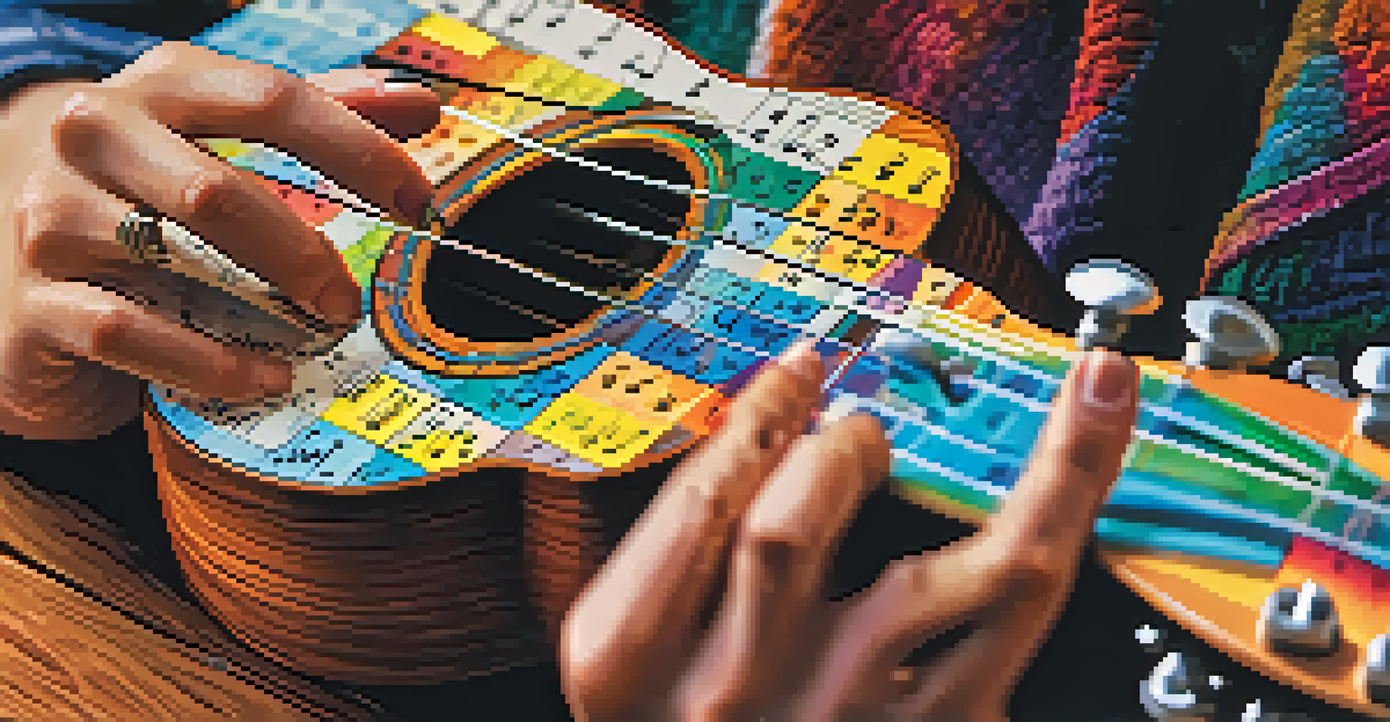 Close-up of hands strumming a ukulele with chord charts and sheet music on a table.