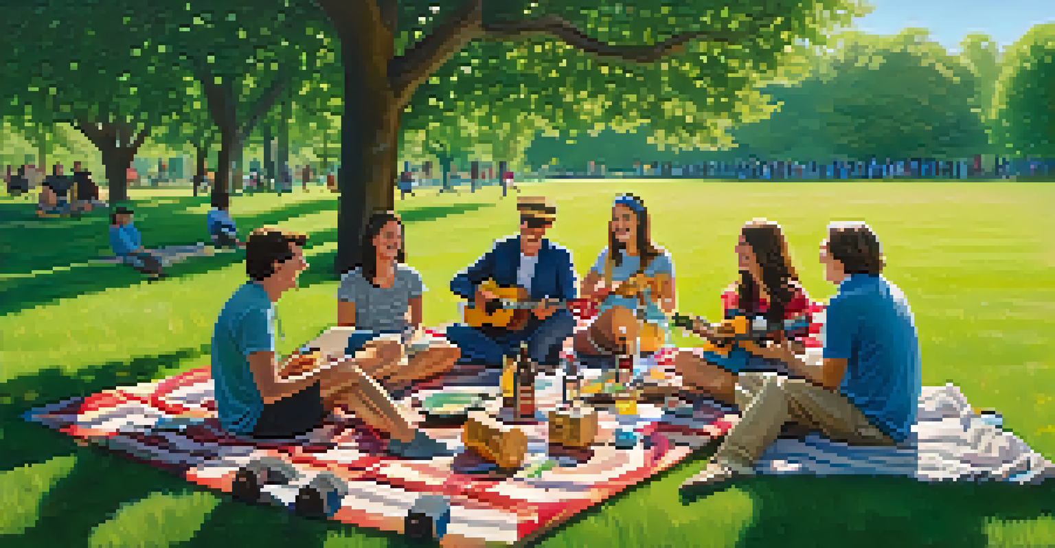 A group of friends playing ukuleles in a park, enjoying music together in a cheerful outdoor setting.