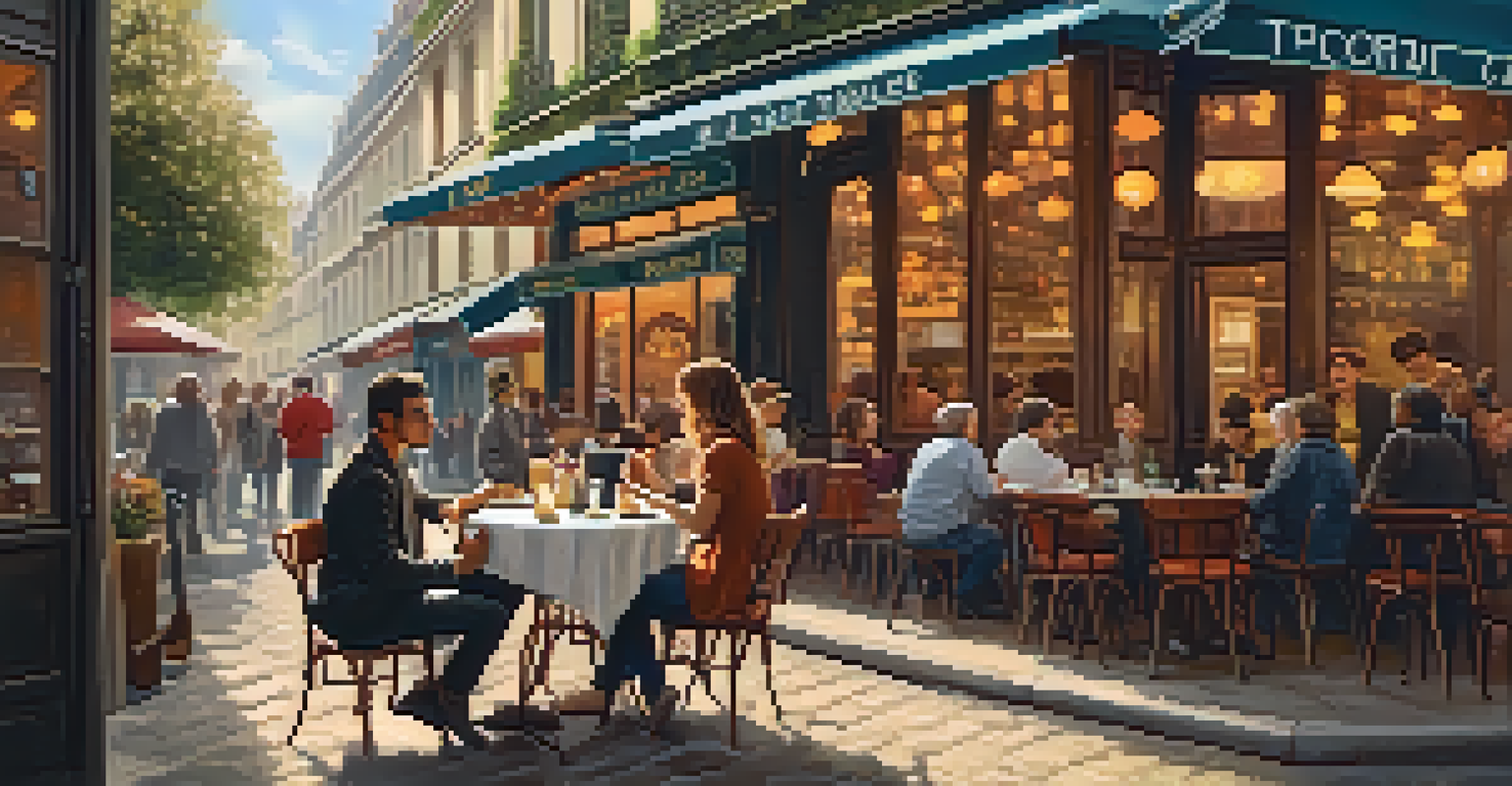 A traveler playing a ukulele in a cozy Parisian café, surrounded by locals enjoying the music and vintage decor.