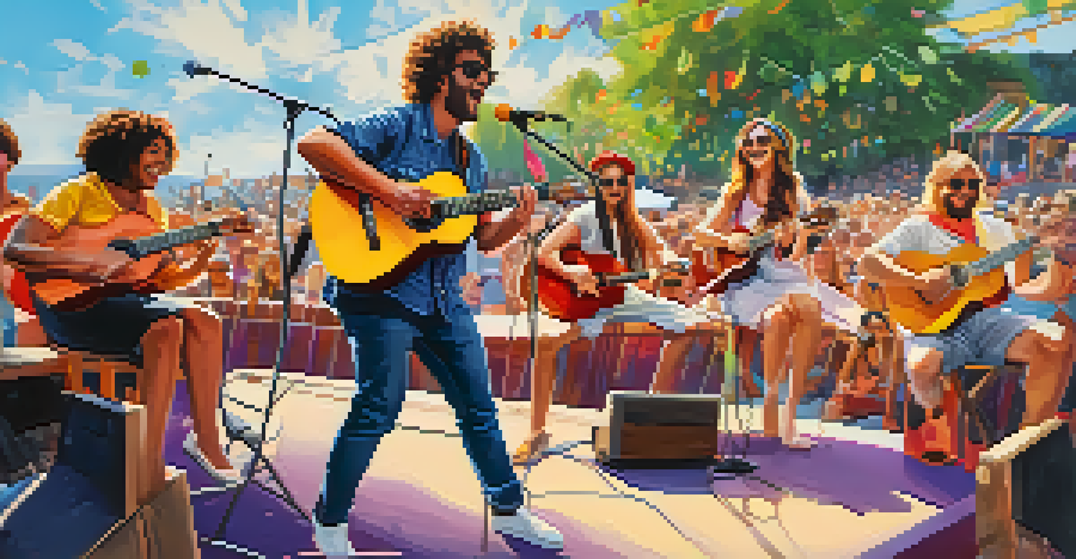 A modern outdoor music festival with musicians performing on stage with ukuleles, surrounded by an enthusiastic audience on a sunny day.