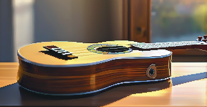A close-up image of a ukulele on a wooden table, with sunlight highlighting its woodgrain and a tuner beside it.