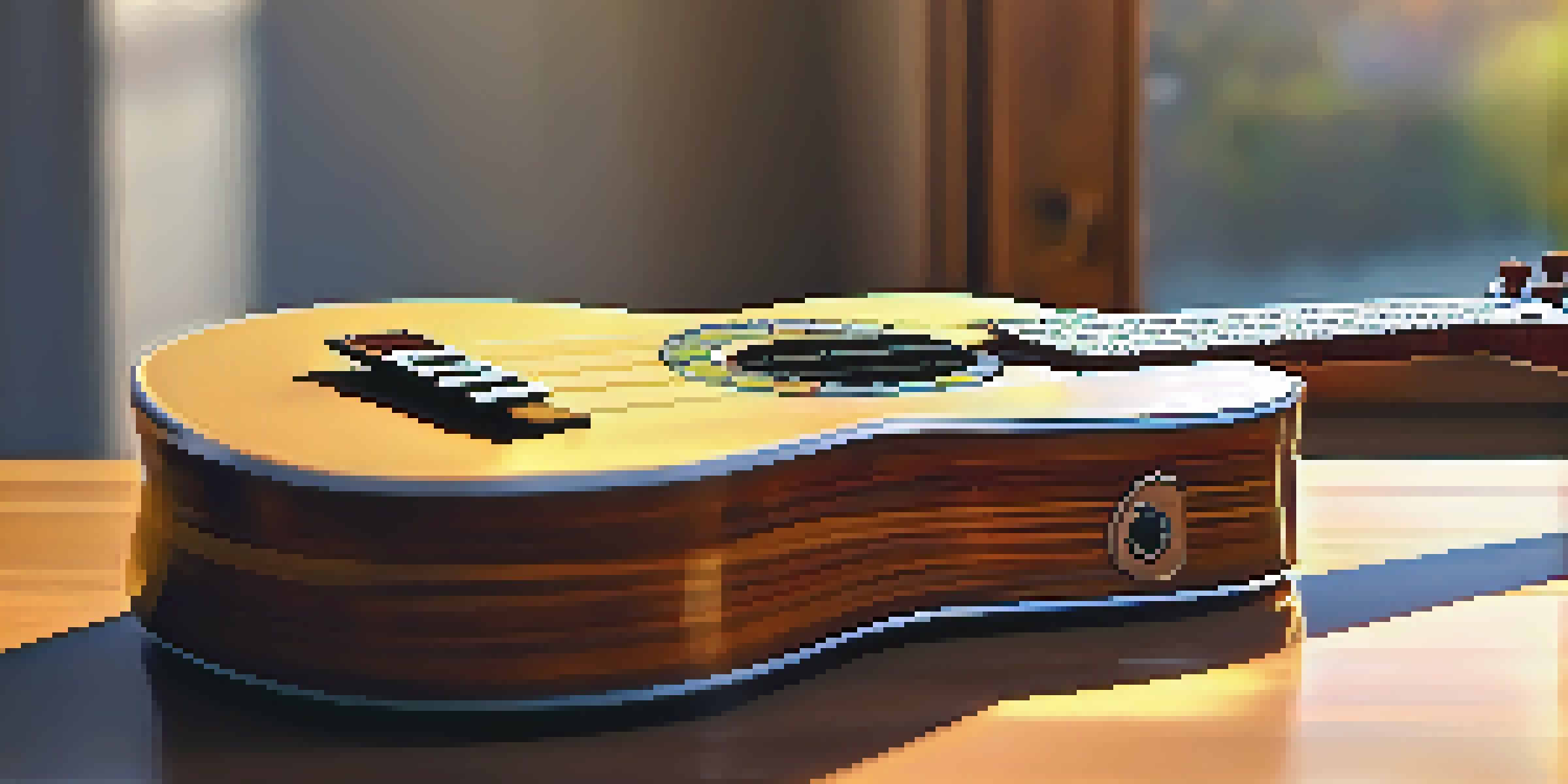 A close-up image of a ukulele on a wooden table, with sunlight highlighting its woodgrain and a tuner beside it.