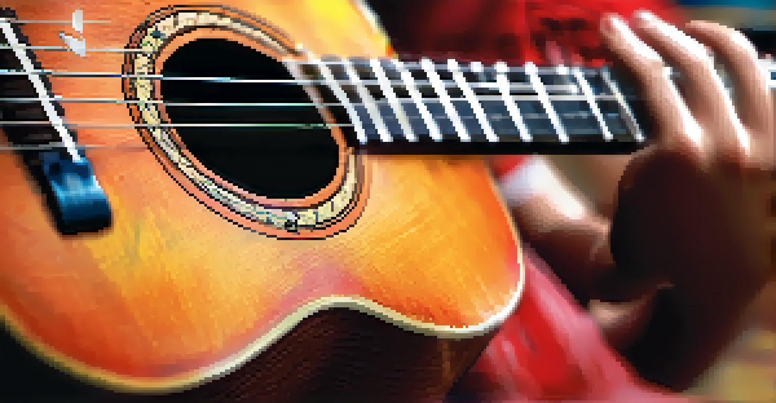 Close-up of children's hands strumming a colorful ukulele, highlighting the joy of learning music.