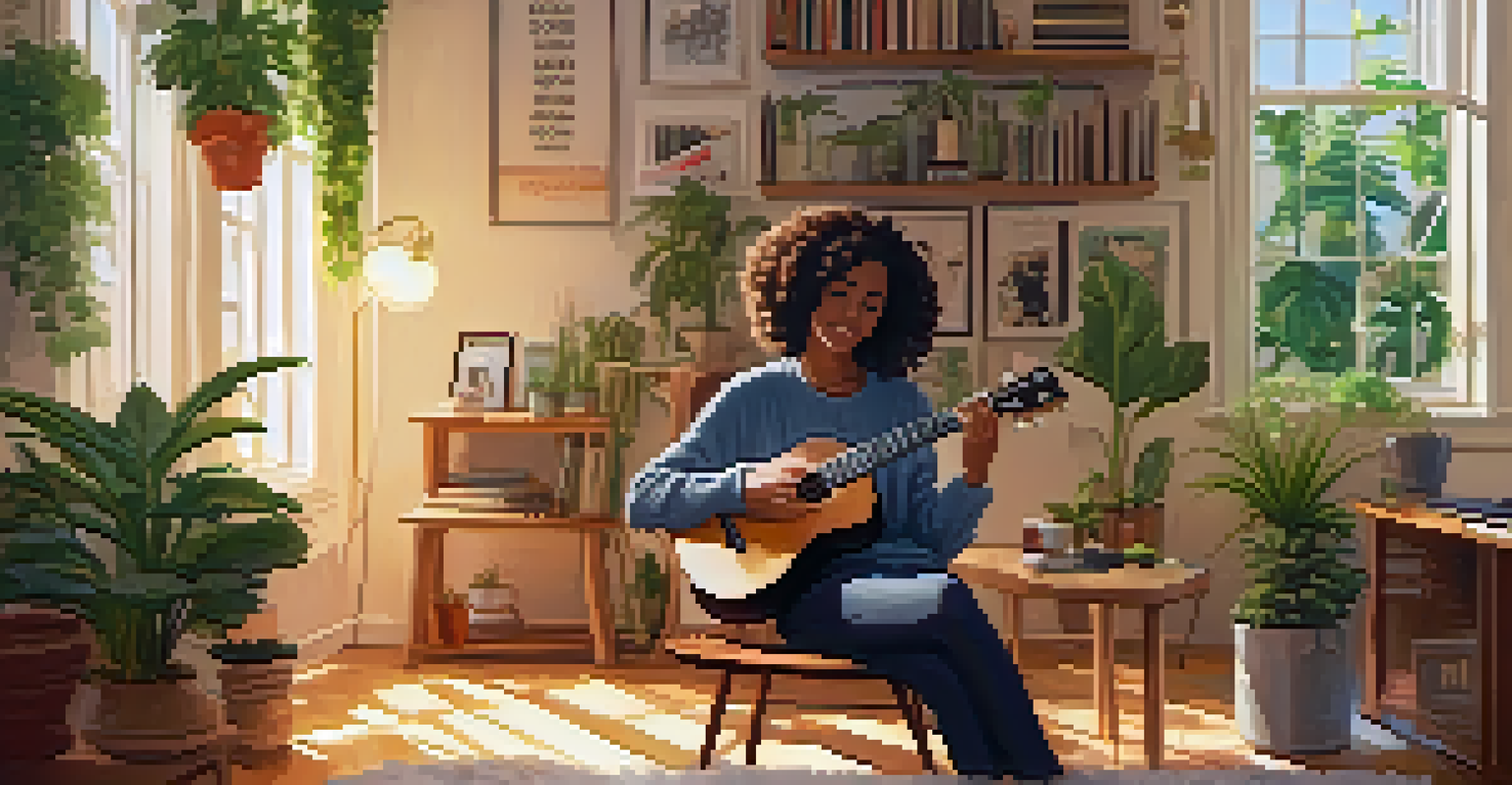 A young adult sitting in a cozy room practicing ukulele with a laptop, surrounded by plants and musical decorations.