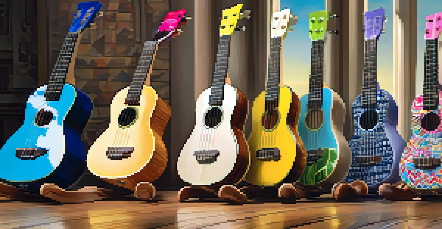 A collection of uniquely customized ukuleles with various fabric patterns displayed on a wooden table.