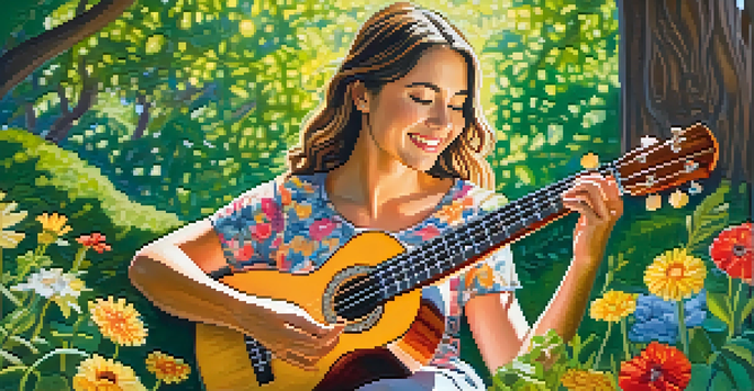 A young woman joyfully playing a ukulele in a sunlit park with greenery and colorful flowers around her.