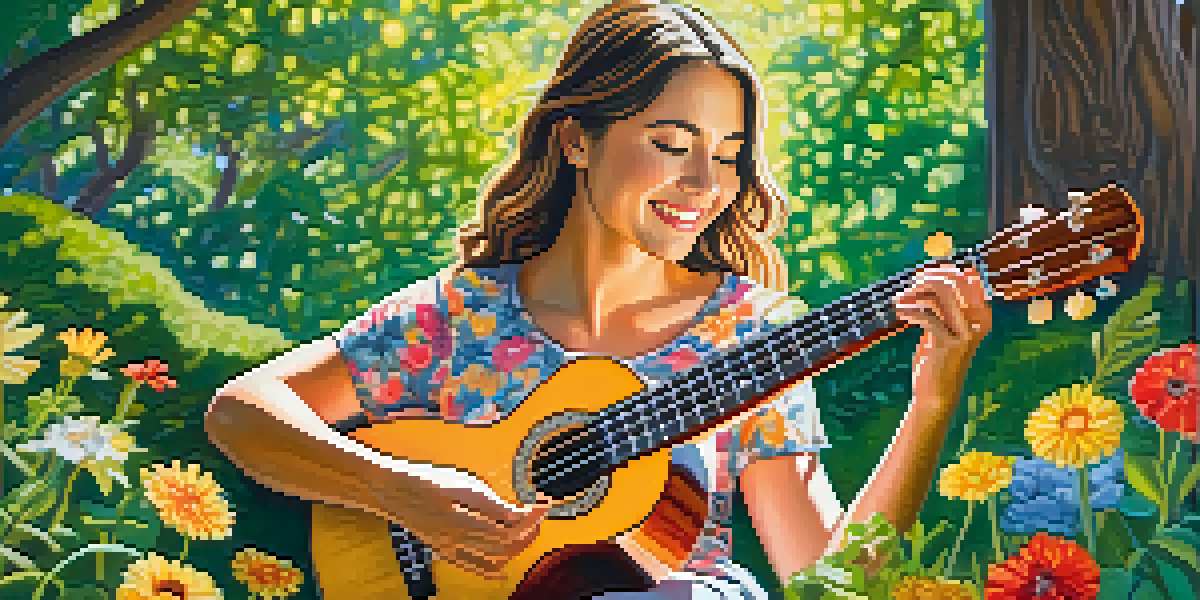 A young woman joyfully playing a ukulele in a sunlit park with greenery and colorful flowers around her.