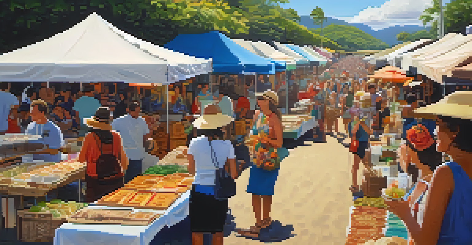 A vibrant market scene at a Hawaiian ukulele festival with food vendors and artisans displaying their crafts.