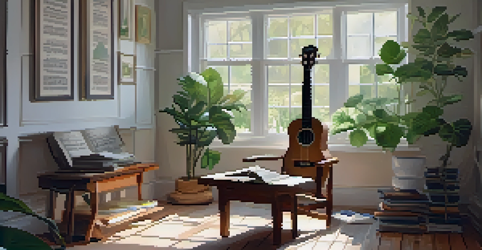 A cozy indoor space with a ukulele on a table, an open music book, and a cup of tea.