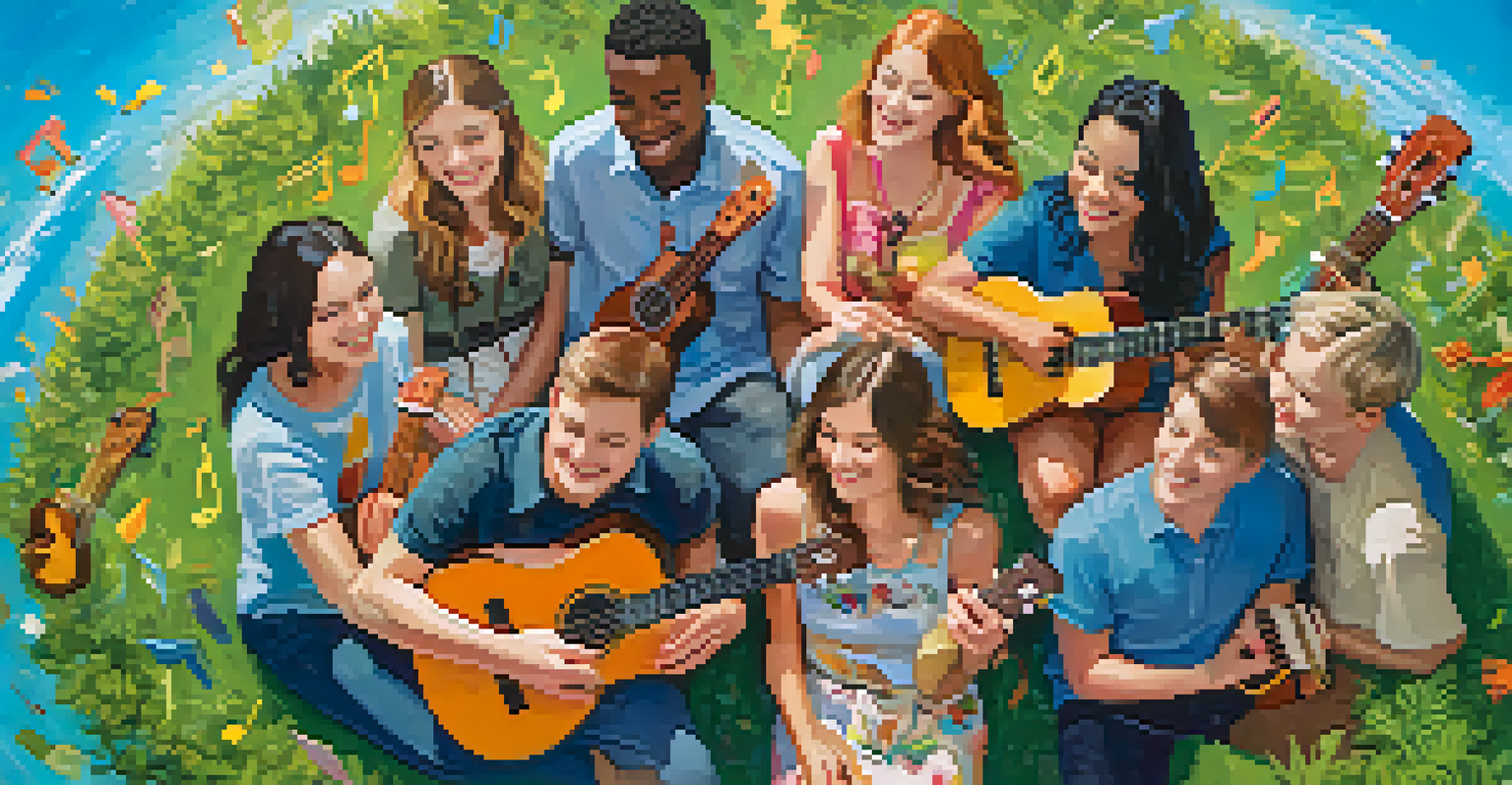 A group of friends playing ukuleles in a circle, surrounded by colorful music notes and a sunny outdoor setting.
