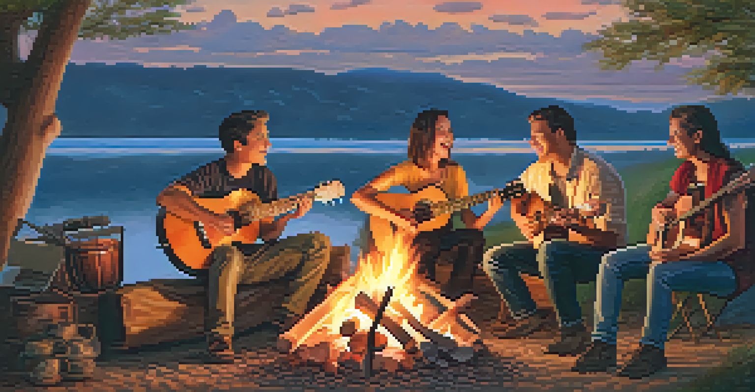 A group of friends playing ukuleles around a campfire at sunset, creating a warm and inviting atmosphere.