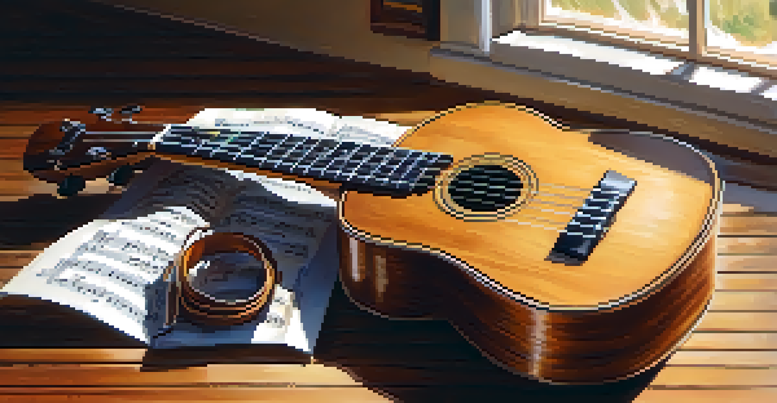 Close-up of a ukulele on a wooden table with sheet music and headphones, illuminated by warm natural light.