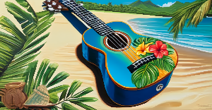 A close-up of a ukulele placed on a sandy beach with waves and palm trees in the background.