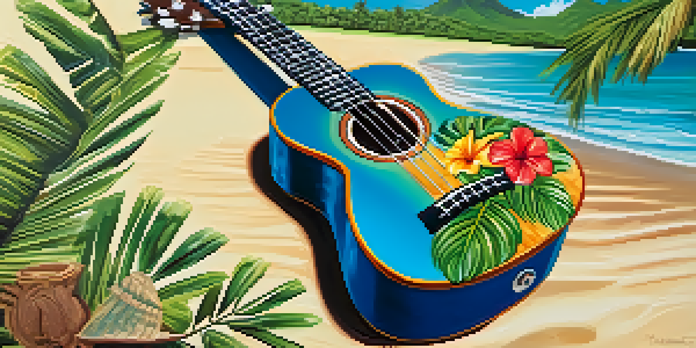 A close-up of a ukulele placed on a sandy beach with waves and palm trees in the background.