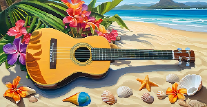 A ukulele on the sandy beach of Hawaii, surrounded by flowers and seashells, with ocean waves and palm trees in the background.