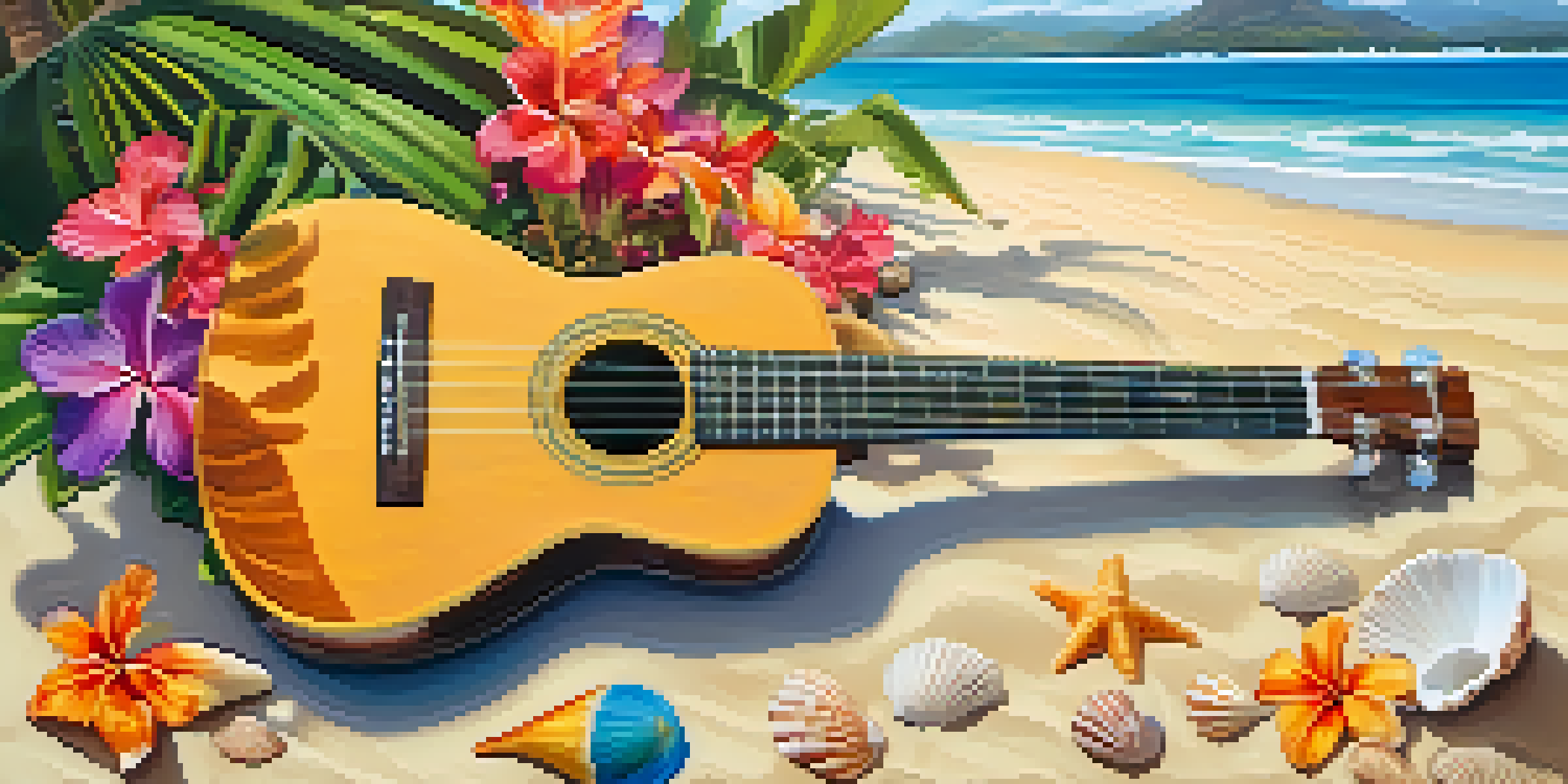 A ukulele on the sandy beach of Hawaii, surrounded by flowers and seashells, with ocean waves and palm trees in the background.
