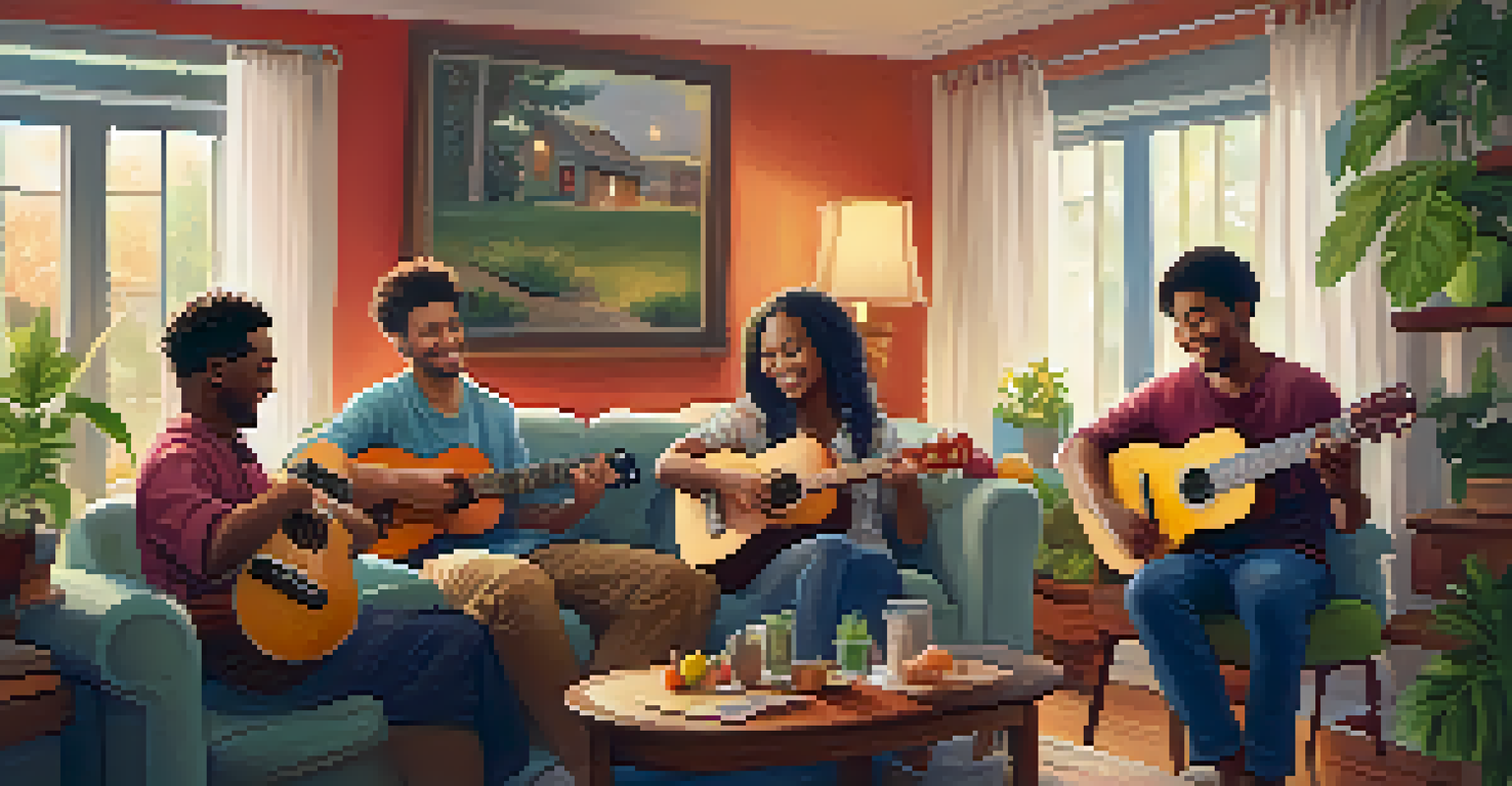 A group of friends playing ukuleles together in a cozy living room filled with warm light.