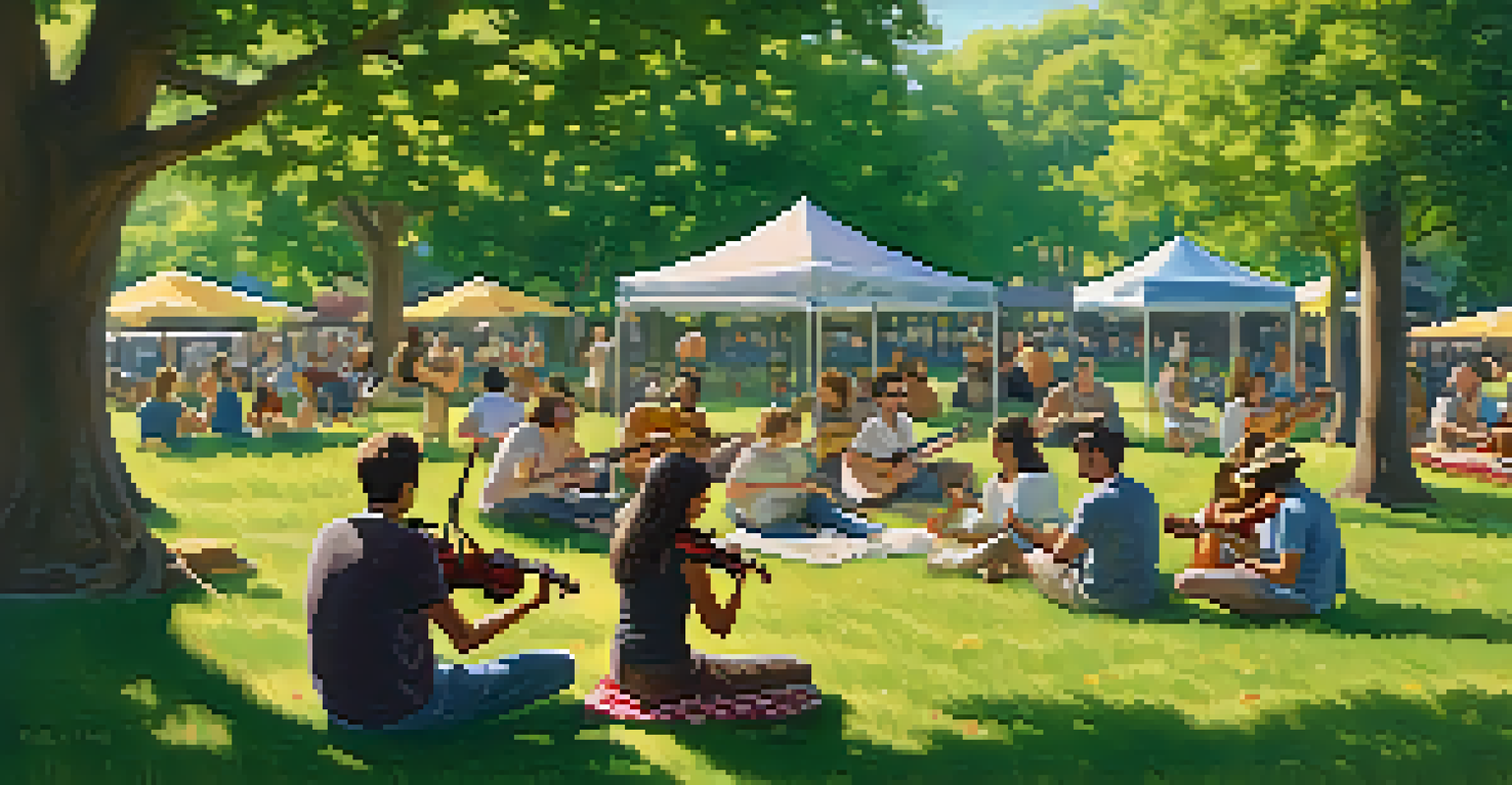 Musicians enjoying an outdoor jam session in a park, playing ukuleles and guitars under the sunlight.