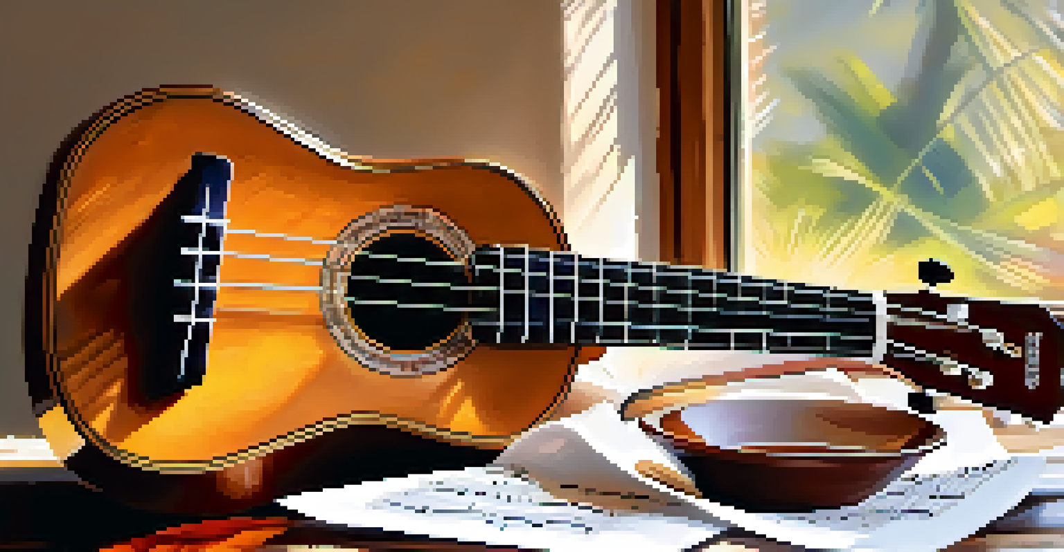 A close-up of a ukulele on a wooden table with sheet music and a cup of tea, illuminated by natural light.