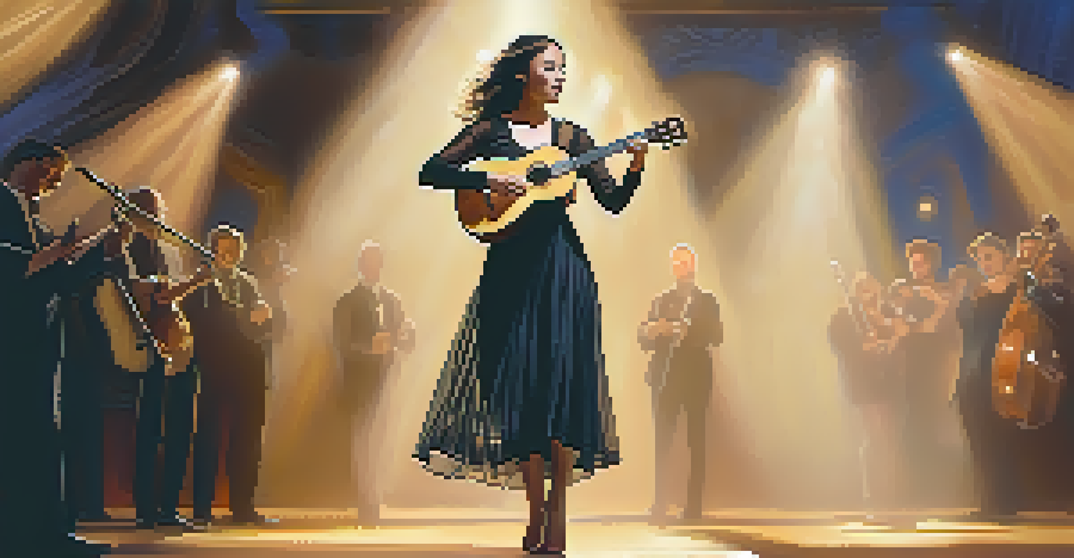 A performer on stage playing a ukulele, illuminated by soft spotlighting, with a blurred audience in the background and a warm, inviting ambiance.
