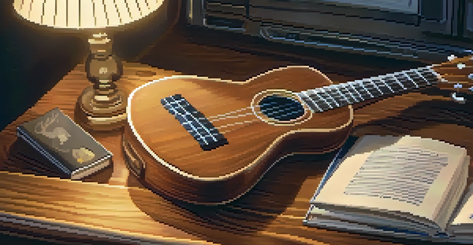 A ukulele on a wooden table surrounded by music books and a laptop, all bathed in warm lighting.