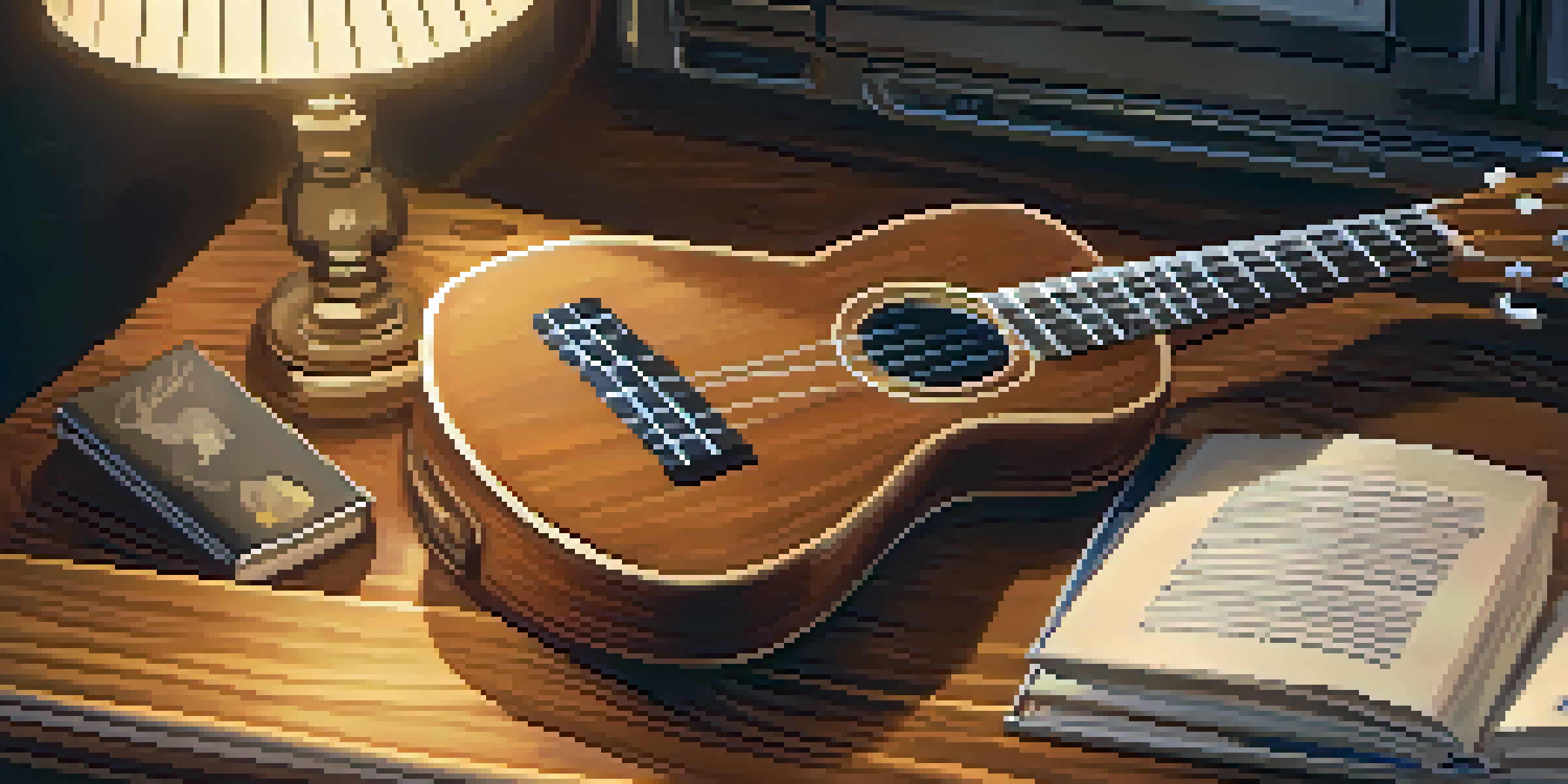 A ukulele on a wooden table surrounded by music books and a laptop, all bathed in warm lighting.
