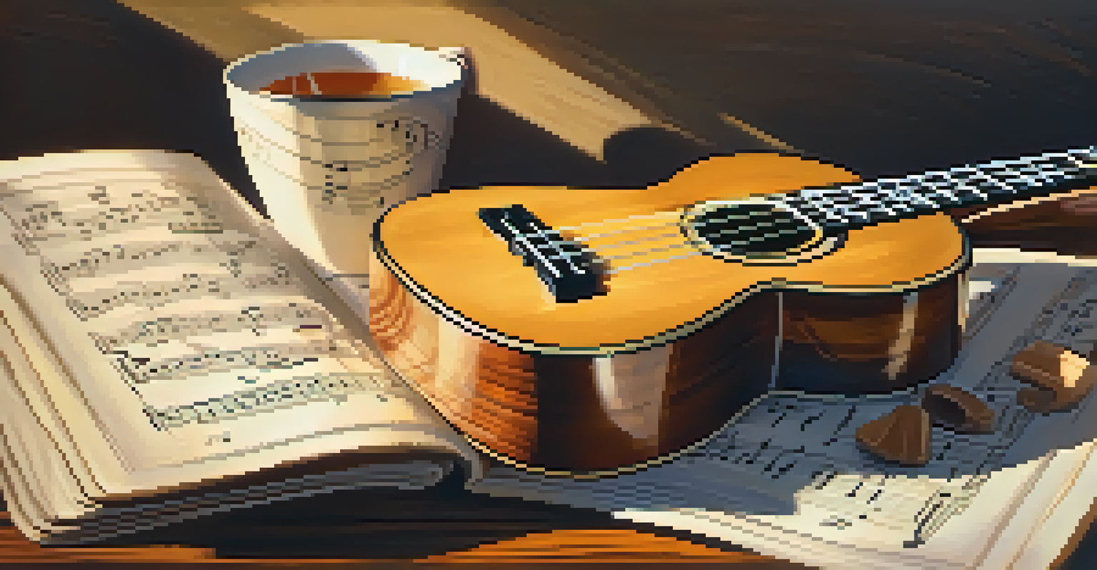 An acoustic ukulele on a wooden table with sheet music and a cup of tea, illuminated by warm sunlight.