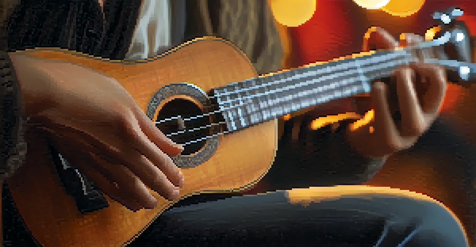 Close-up of hands playing a ukulele on stage with warm lighting.
